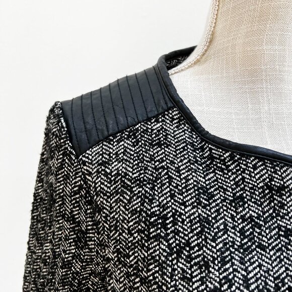 Forever 21 Black and White Wool-Blend  Herringbone Moto Jacket with Faux Leather - Picture 3 of 16